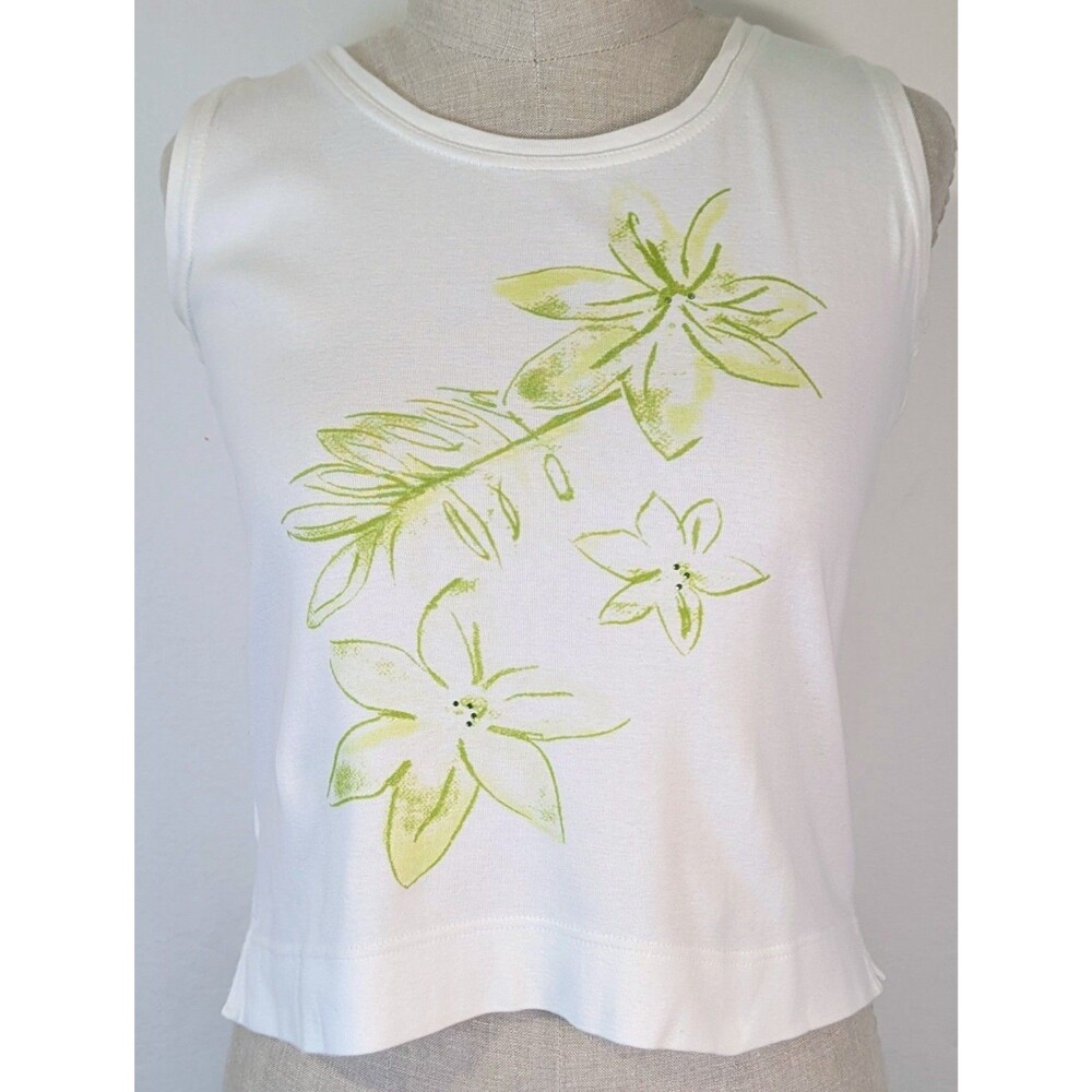 Three Hearts Women's White Tank Top Green Floral Print Cotton Size L